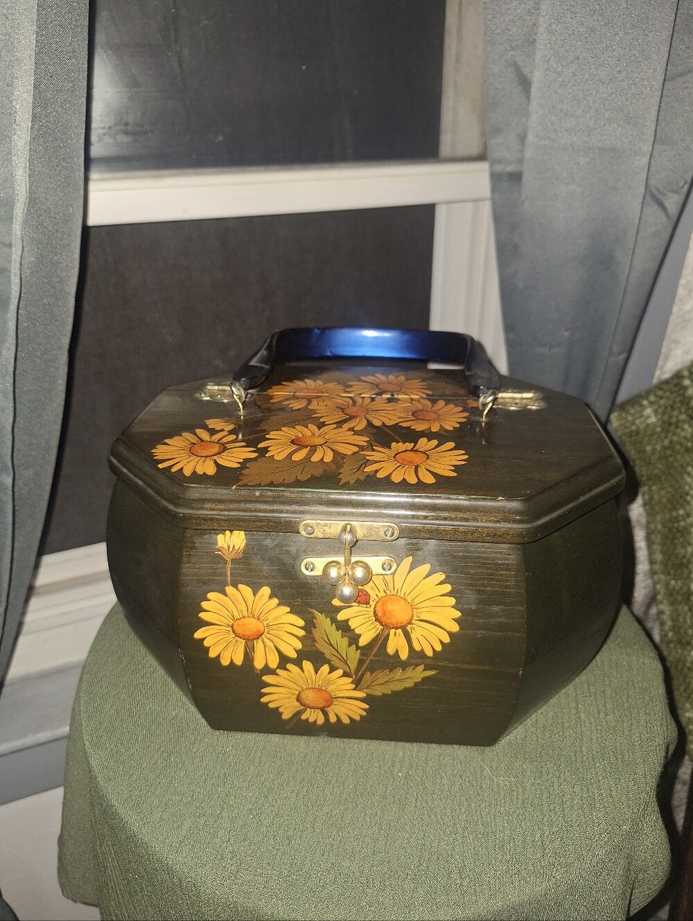 Vintage Flower Power Deco Podge Octagon Shaped Box Purse Made In 1973